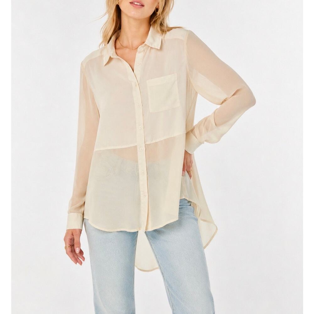 Free People Ivory Sheer Panel Button Up Tunic Top Tuxedo Back Size Small - Picture 1 of 13